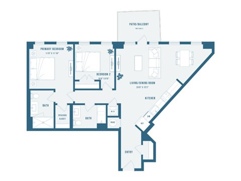 A floor plan of a house with a living room, kitchen, and two bedrooms.